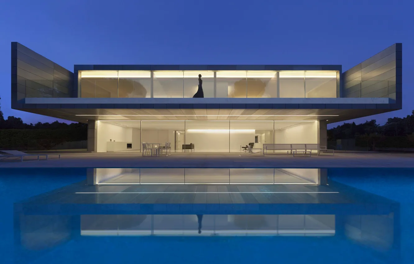 Фото обои вилла, вечер, бассейн, освещение, by Fran Silvestre Arquitectos, Aluminum House, архитекиура