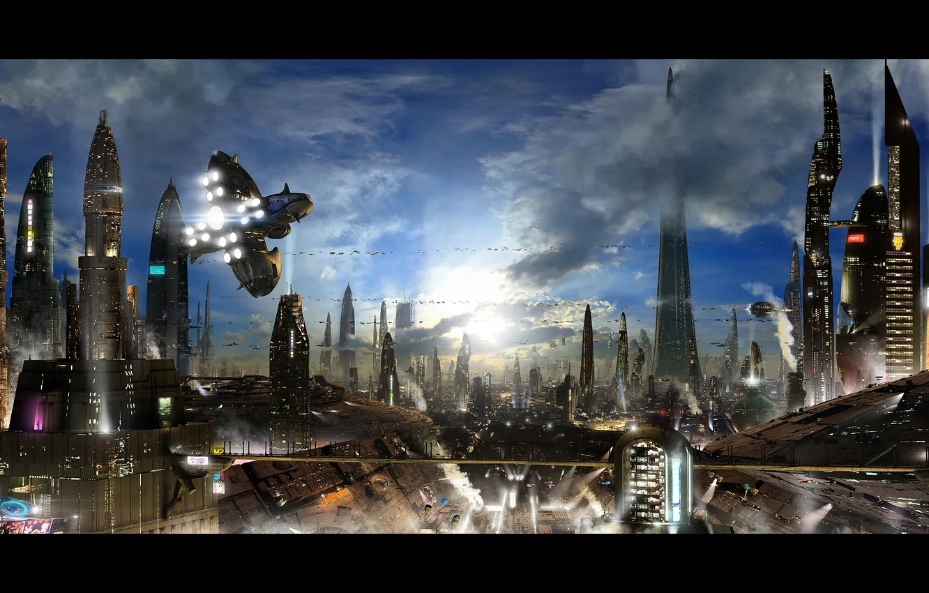 Фото обои город, корабль, futuristic city