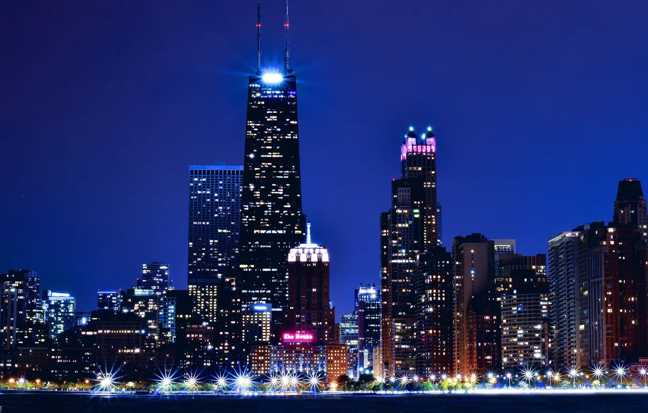 Фото обои ночь, огни, небоскребы, Чикаго, USA, США, Америка, Chicago