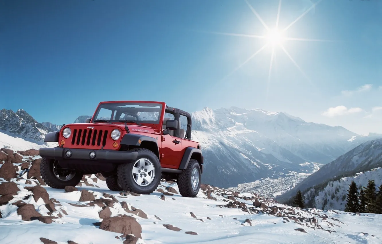 Фото обои солнце, снег, горы, внедорожник, jeep, wrangel