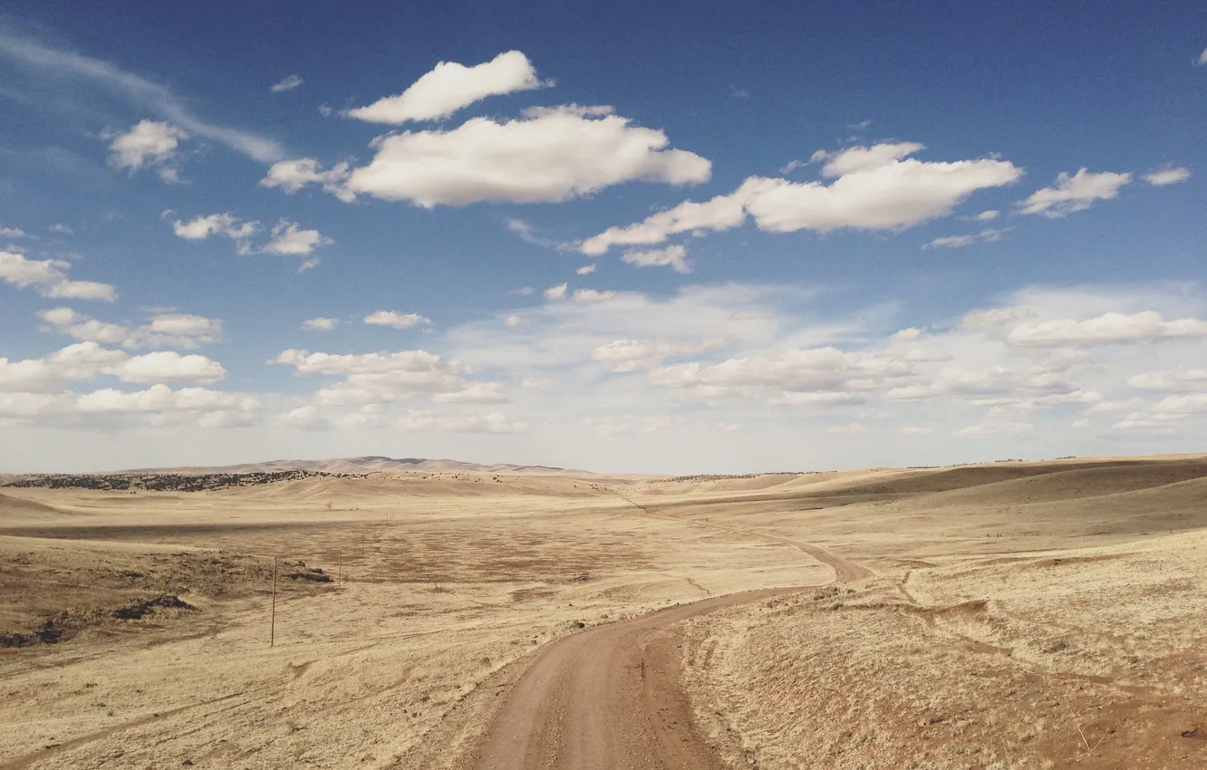 Фото обои road, sky, desert, clouds, hills, sunny