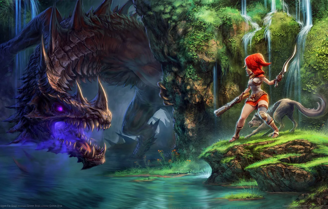 Фото обои девушка, природа, река, дракон, водопад, волк, Dragon Fin Soup