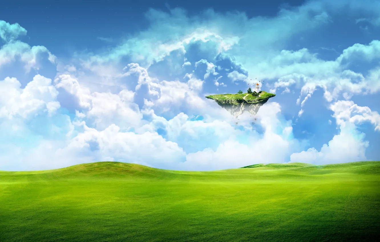 Фото обои зелень, поле, небо, трава, облака, фантастика, земля
