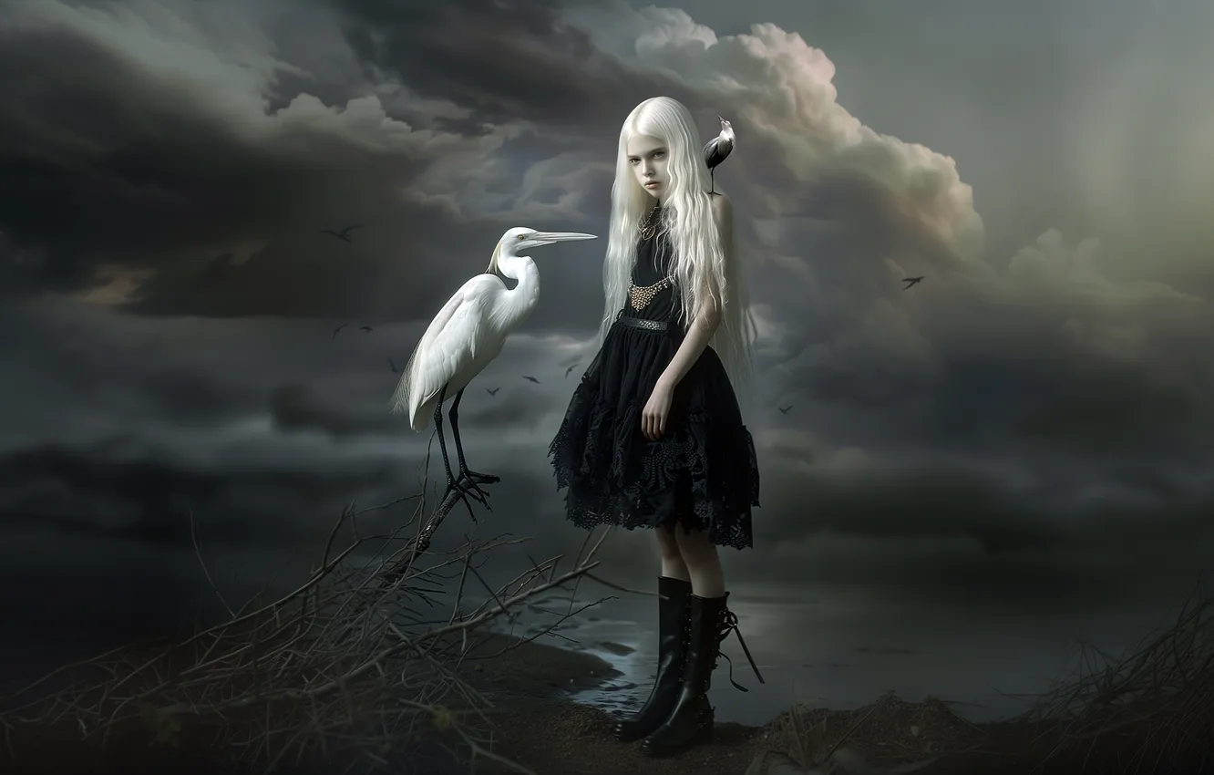 Фото обои взгляд, ветки, тучи, птица, берег, сапоги, фэнтези, девочка