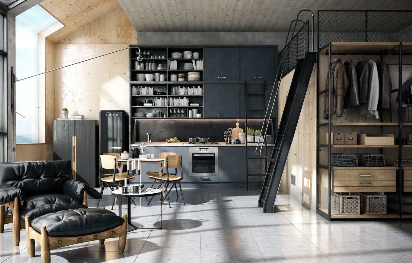 Фото обои дизайн, интерьер, кухня, столовая, industrial style, Лофт в индустриальном стиле, Loft in Singapore