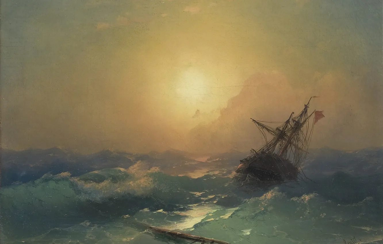 Фото обои волны, шторм, картина, морской пейзаж, Иван Айвазовский, 1865, Корабль в Бедствии