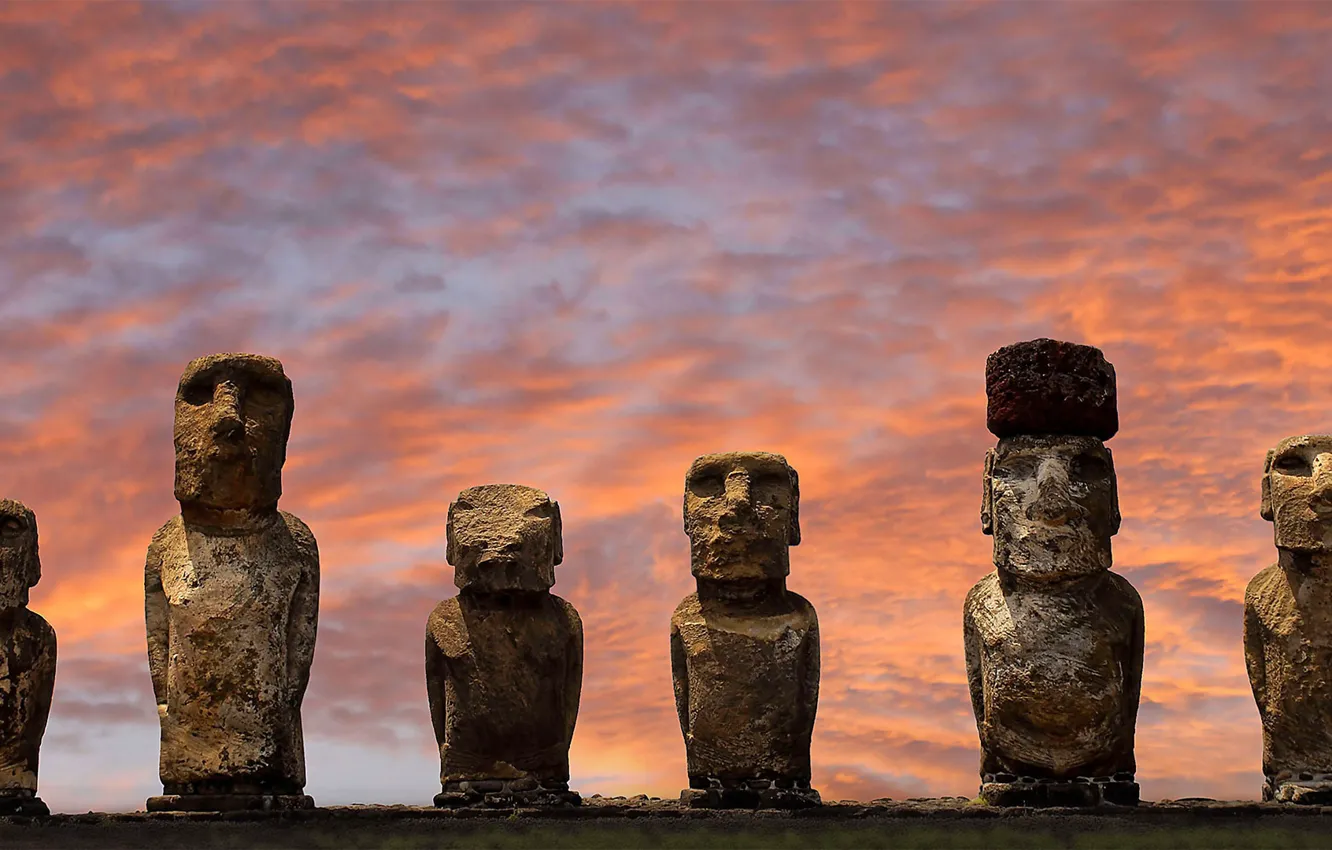 Фото обои остров Пасхи, статуи, Чили, Национальный парк Рапануи, Аху Тонгарики, Моаи