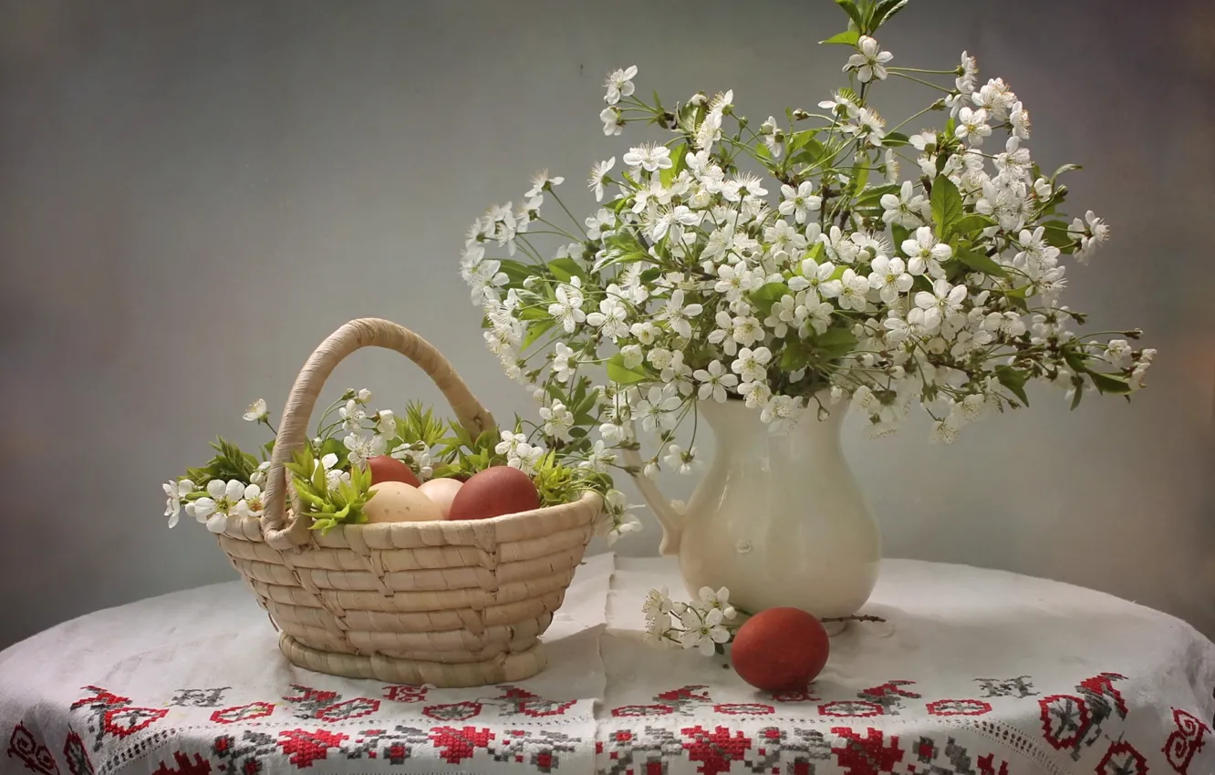 Фото обои вишня, яйца, Пасха, корзинка, крашенки