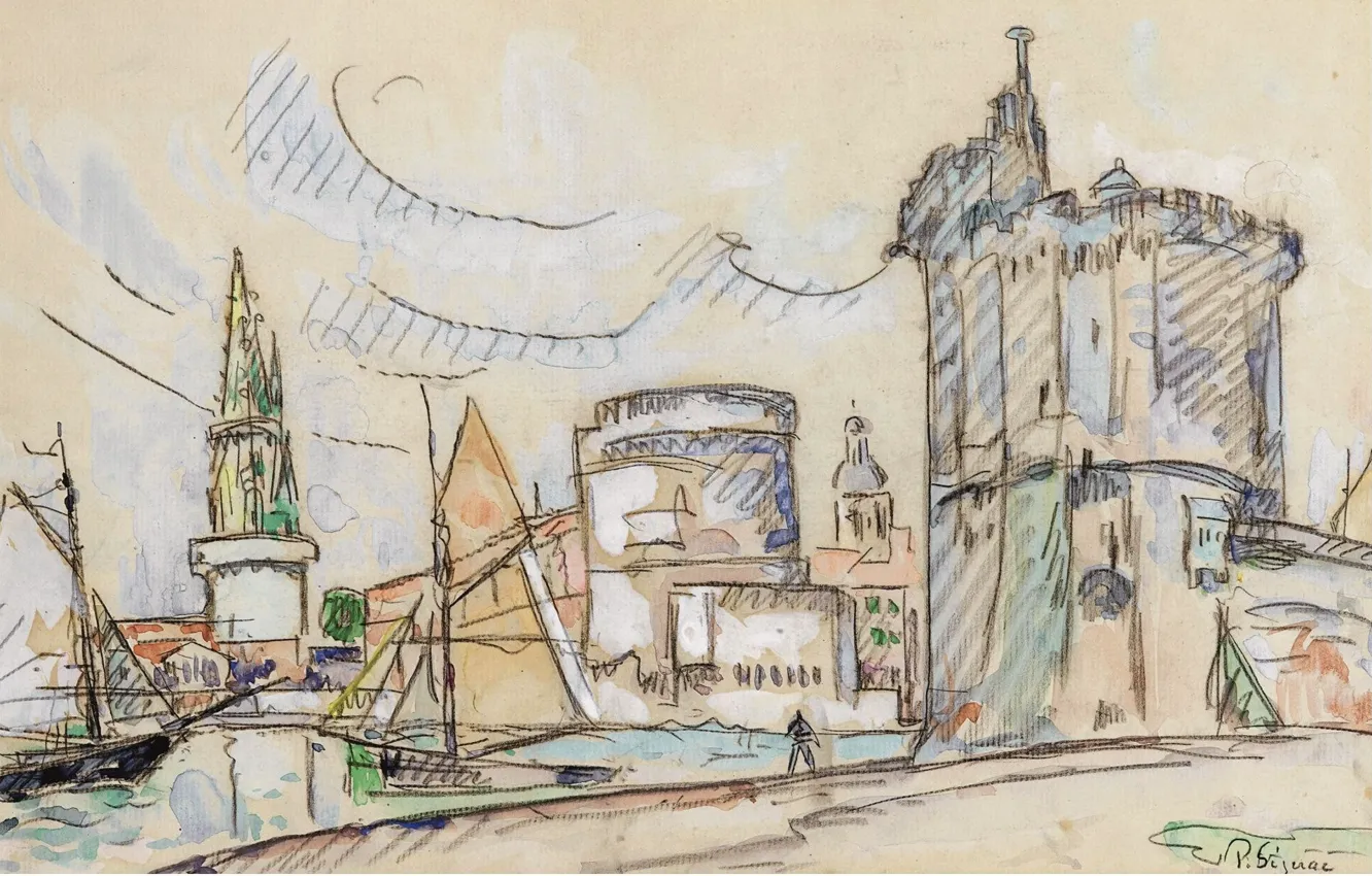 Фото обои рисунок, акварель, 1920, Поль Синьяк, Порт Ла-Рошель, Paul Signac