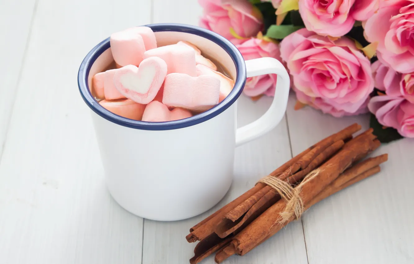 Фото обои розы, букет, чашка, сердечки, wood, pink, cup, romantic