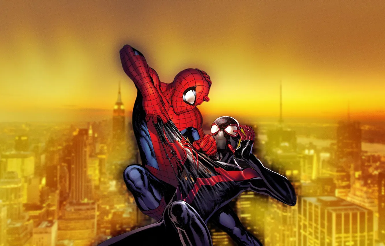 Фото обои city, new york, fight, spider man, ultimate spider man