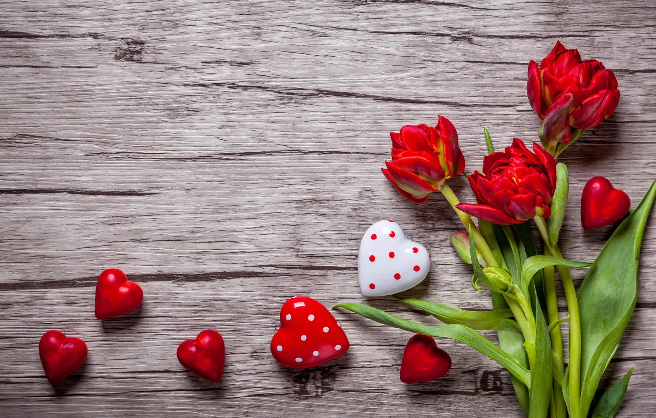 Фото обои тюльпаны, red, love, romantic, hearts, tulips, sweet, valentine`s day
