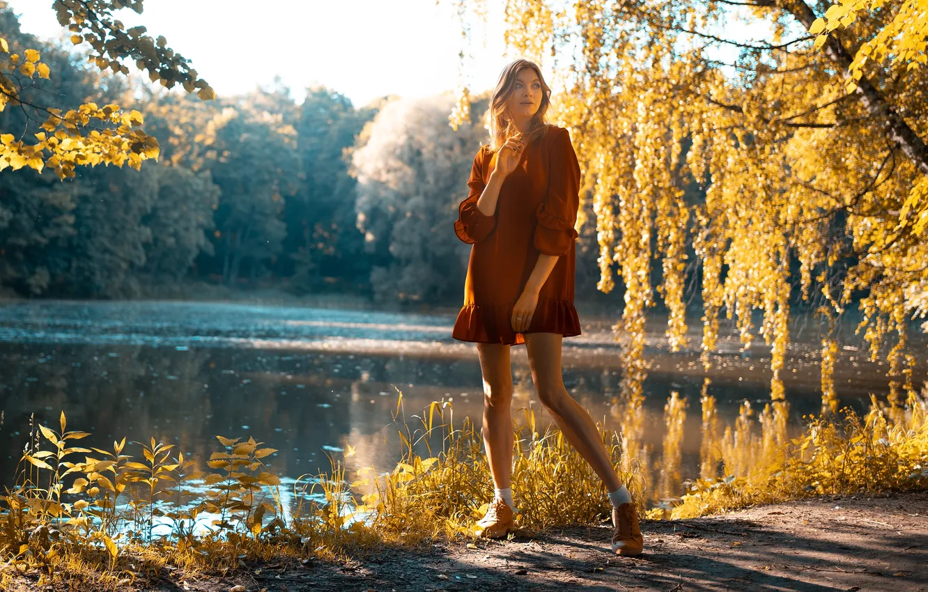 Фото обои girl, dress, legs, trees, nature, water, blue eyes, model