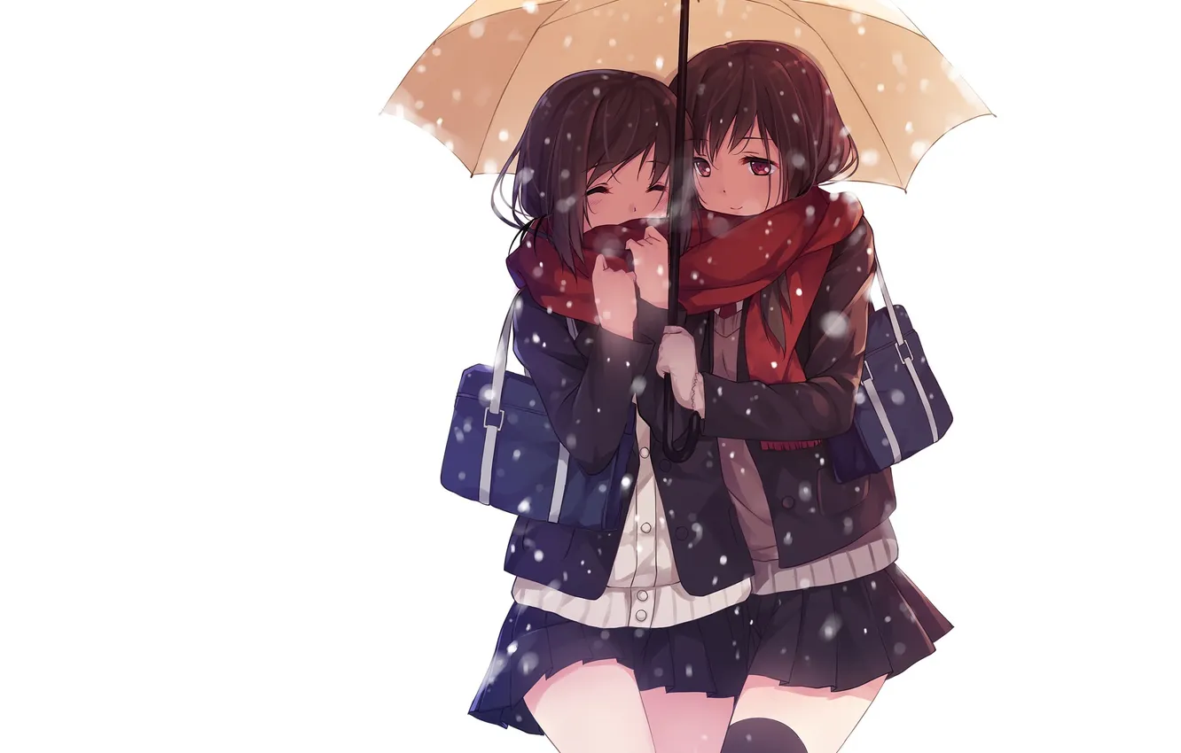 Фото обои холод, зима, снег, девочки, зонт, арт, белый фон, форма