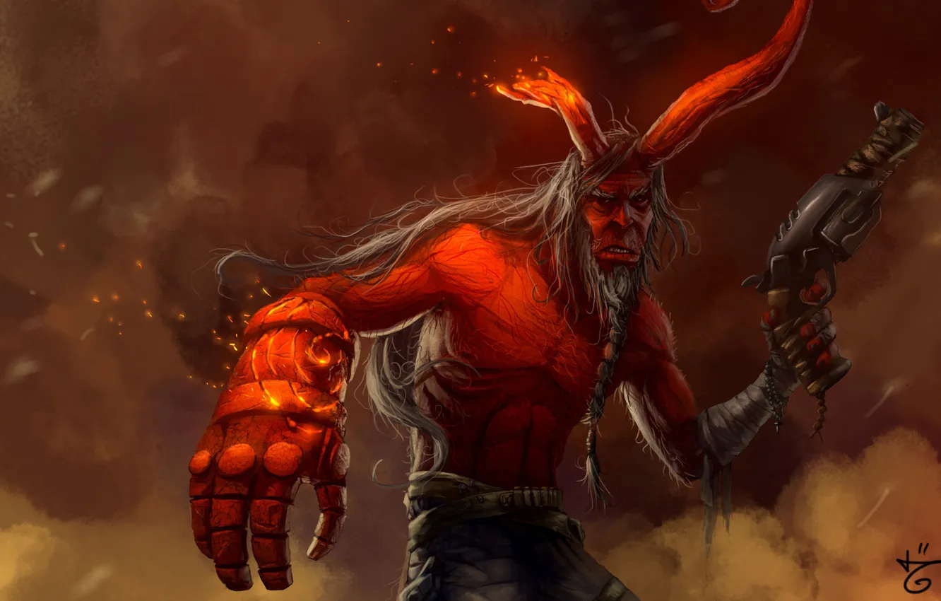Фото обои старость, красный, пистолет, демон, искры, Hellboy