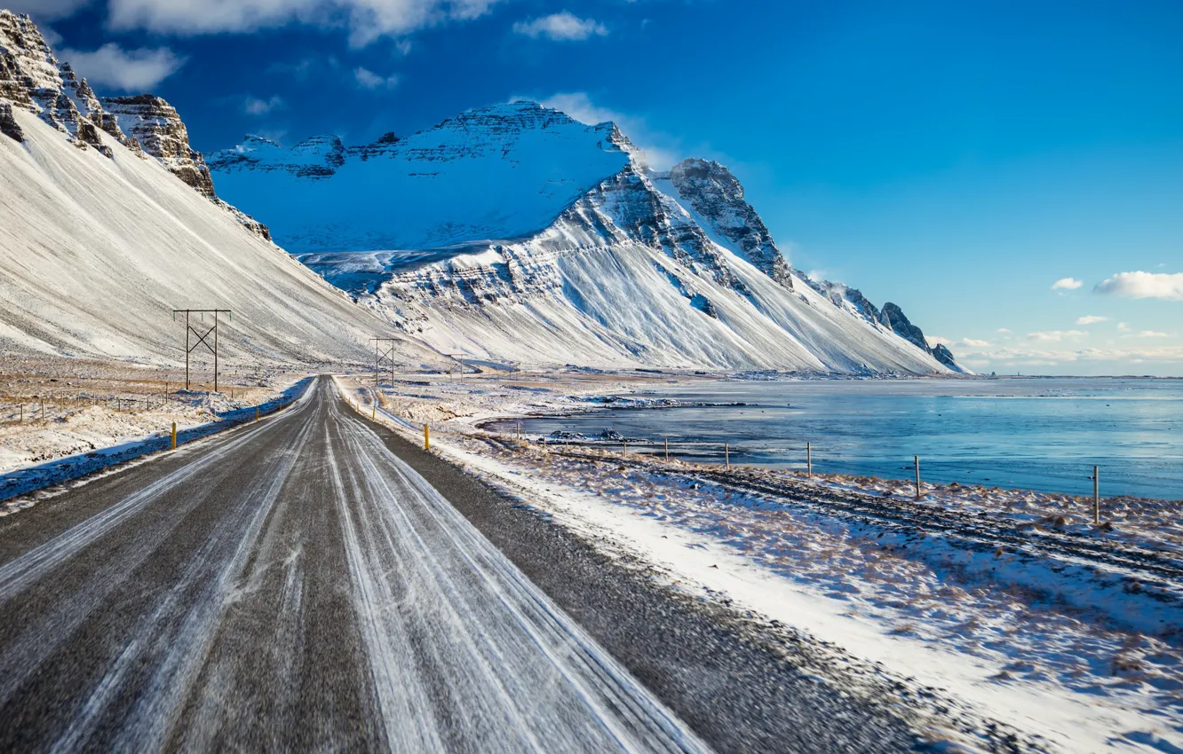 Фото обои зима, дорога, море, горы
