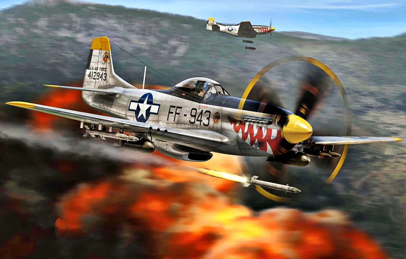 Фото обои Mustang, Взрыв, USAF, Корейская война 1950—1953 годов, HVAR, авиабомбы, 18th FBG, F-51D