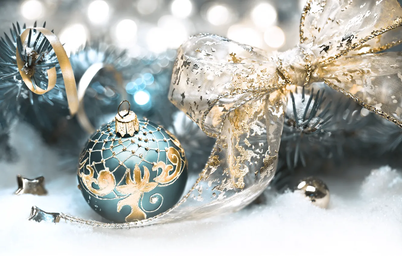 Фото обои зима, фон, праздник, новый год, шар, ветка, лента, Anya Ivanova