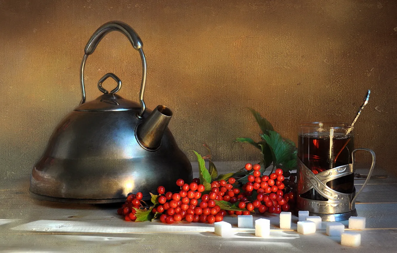 Фото обои осень, ягоды, фон, чай, напиток, натюрморт, композиция, калина