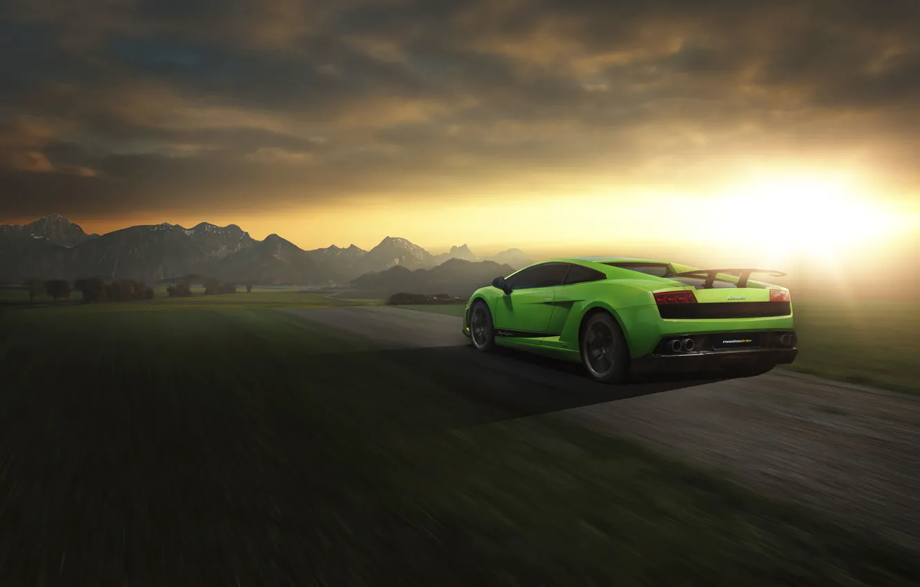 Фото обои Lamborghini, Superleggera, Gallardo, Green, Speed, LP 570-4, Sunset, Road