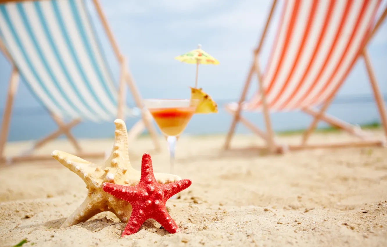 Фото обои песок, море, пляж, лето, отдых, шезлонг, морская звезда, summer