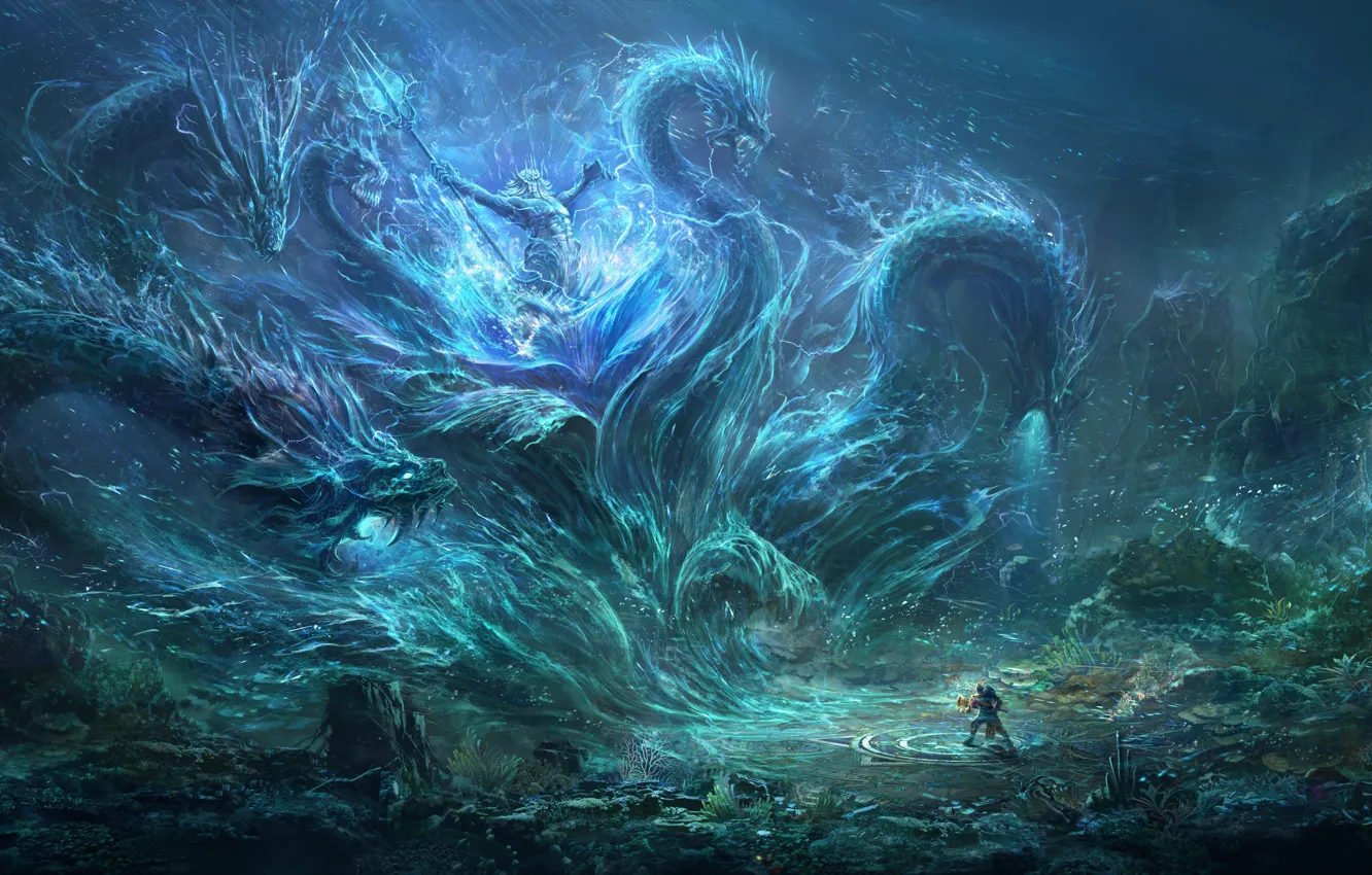Фото обои человек, монстр, трезубец, чудовище, Нептун, морское дно, The sea monster, Wang Nan