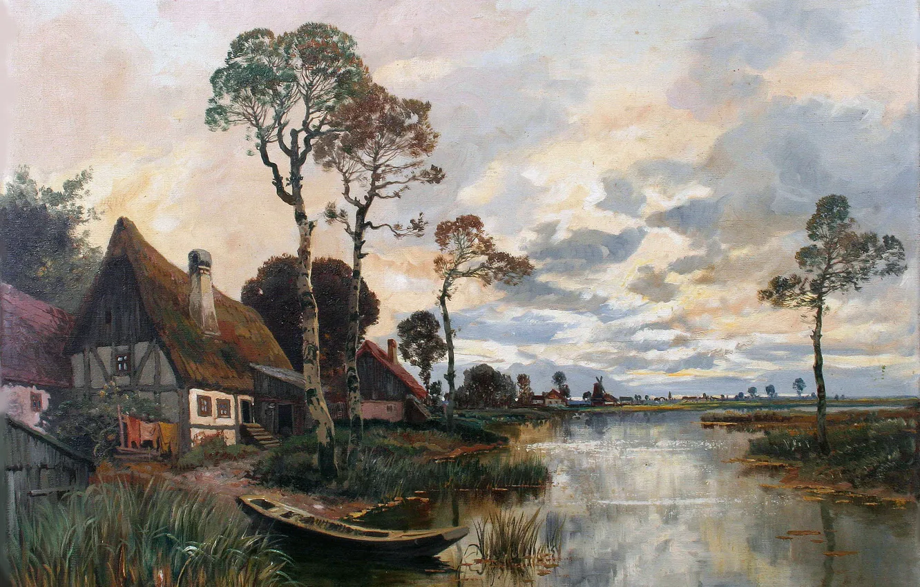 Фото обои Дома, Деревья, Река, Лодка, Картина, Alois Arnegger, Алоис Арнеггер, Деревня на берегу реки