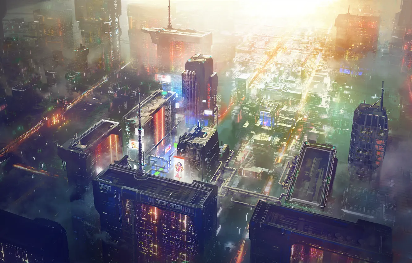Фото обои Big City, Concept Art, Science Fiction, Cyberpunk, SciFi, Concept Design, sctructure