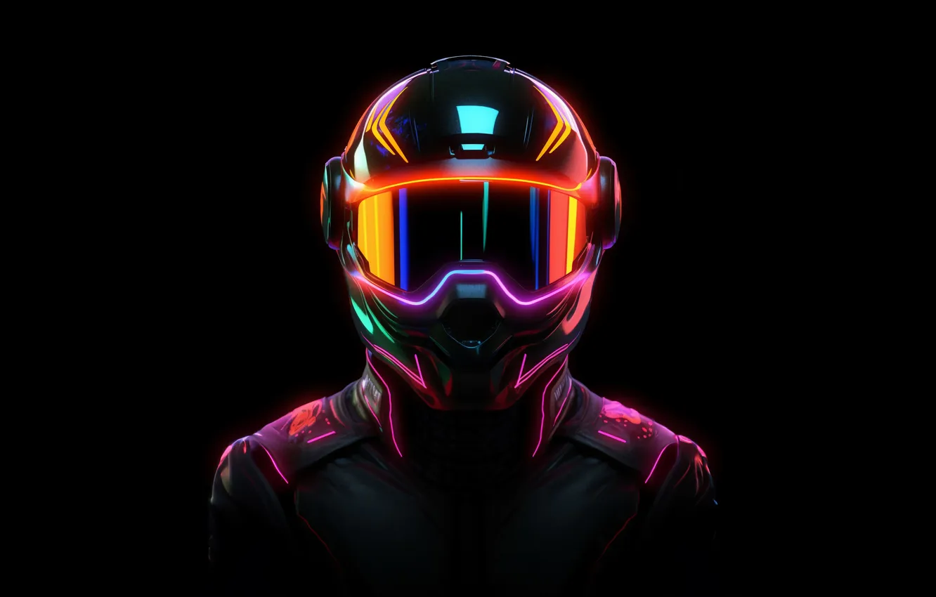 Фото обои Neon, Helmet, Biker, Black background, AI art