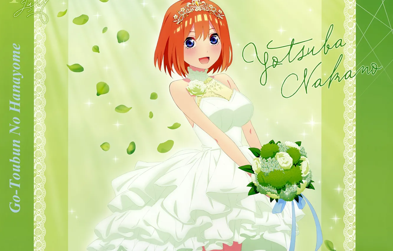 Фото обои корсет, рыжая, невеста, диадема, свадебное платье, букет невесты, go-toubun no hanayome, nakano yotsuba