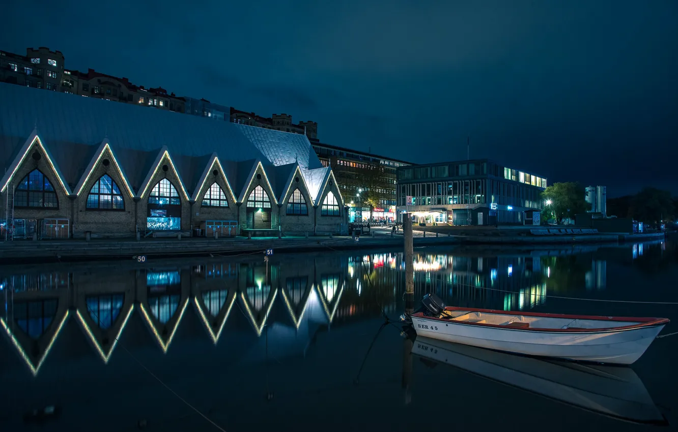 Фото обои огни, лодка, вечер, Швеция, Гётеборг