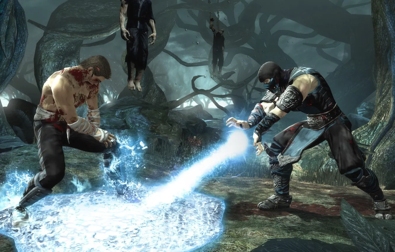 Фото обои битва, файтинг, mortal kombat, джонни кейдж, sub zero, ниже нуля, заморозка, johnny cage