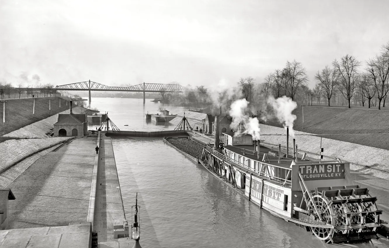 Фото обои пейзаж, мост, ретро, корабль, пароход, канал, США, 1903-й год