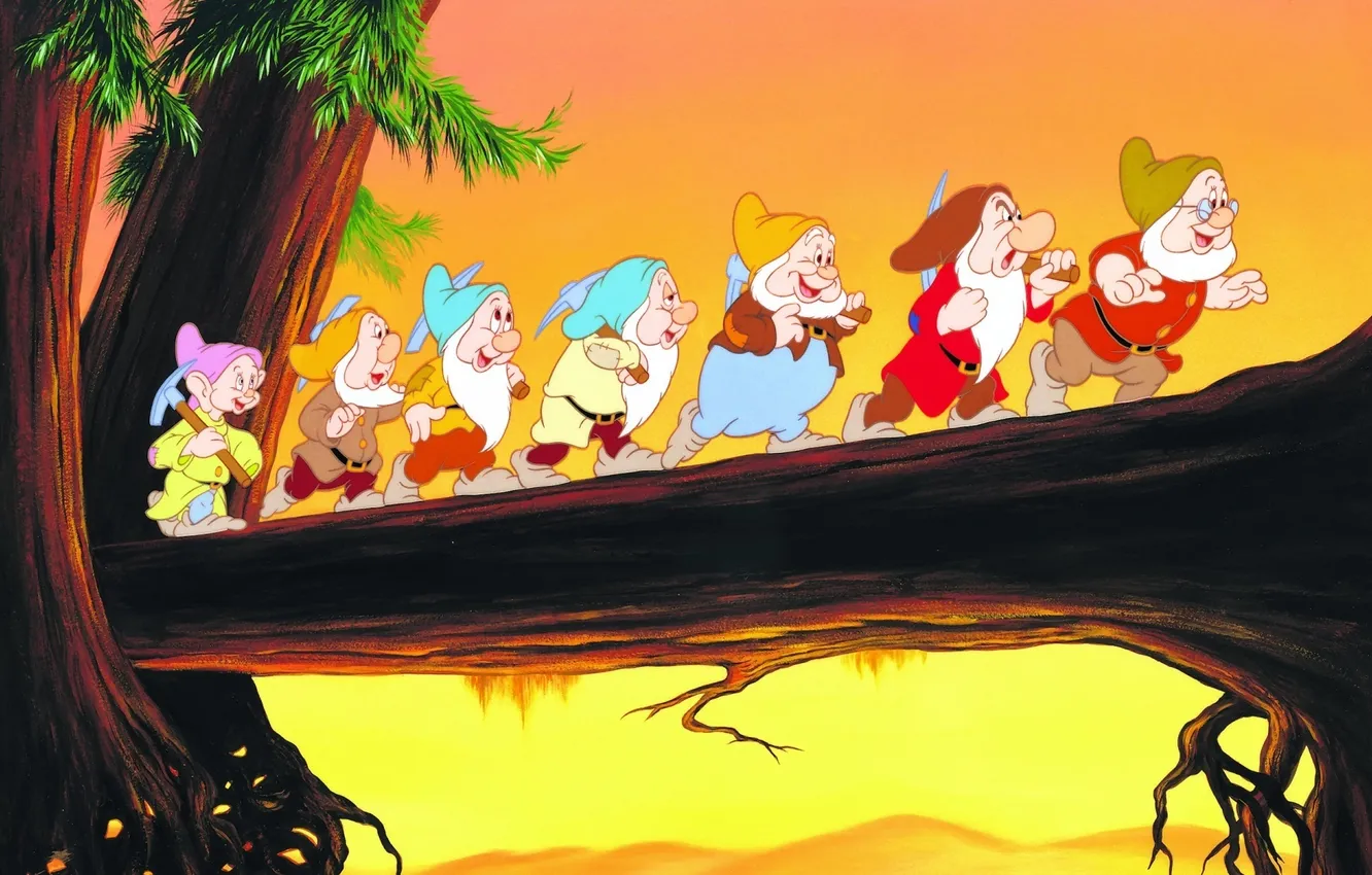 Фото обои дерево, мультфильм, гномы, Disney, поход, Дисней, Snow White and The Seven Dwarfs, Белоснежка и Семь …