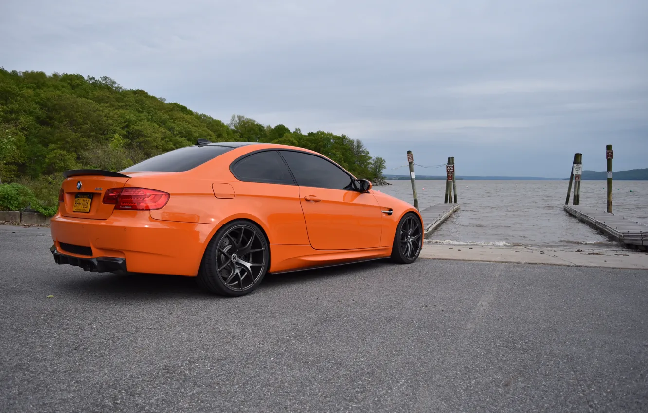 Фото обои BMW, Orange, E92, Lake, Rear View, M3