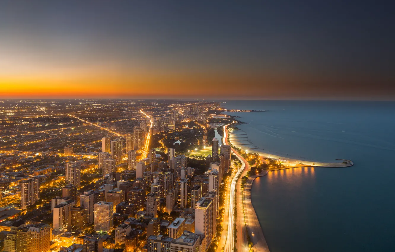 Фото обои закат, город, огни, Чикаго, США, Иллиноис, панорамма