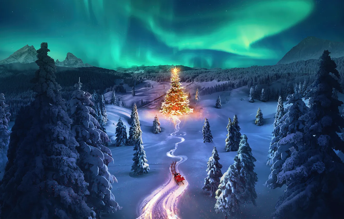 Фото обои Christmas, Christmas tree, Aurora sky, Snowy Trees, Celebrations, Aesthetic Christmas, Winter Road, Santa Claus chariot