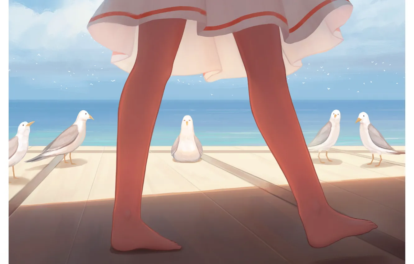 Фото обои море, девушка, чайки, ножки