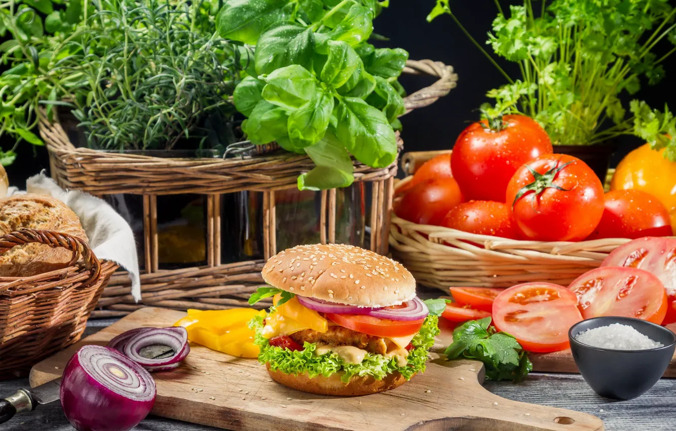 Фото обои макро, еда, Fresh vegetables as ingredients for homemade hamburger