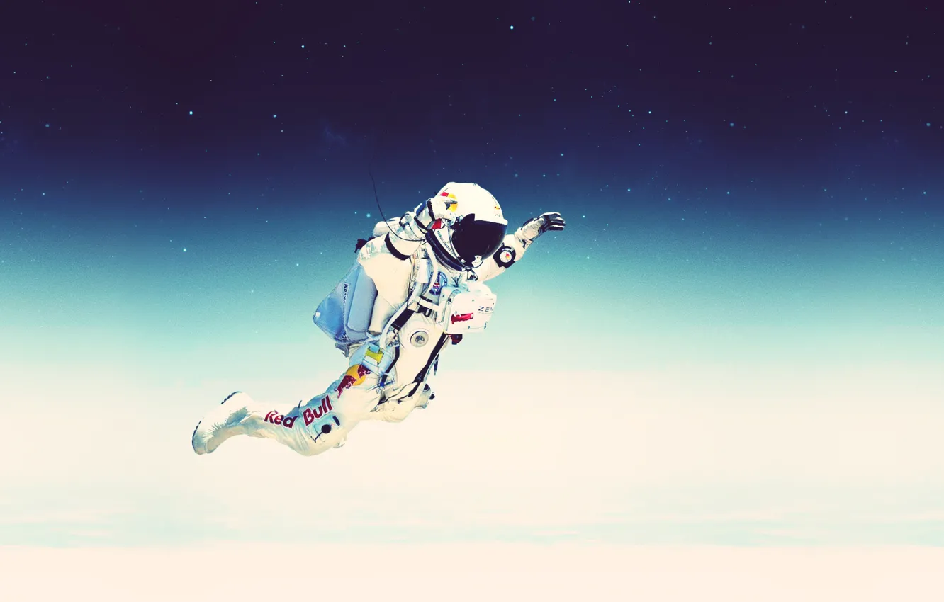 Фото обои небо, космос, звезды, полет, прыжок, скафандр, stratos, red bull