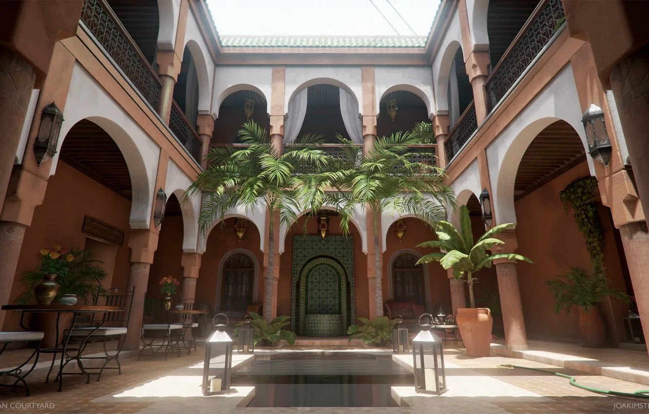 Фото обои пальмы, двор, фонари, архитектура, Moroccan Courtyard
