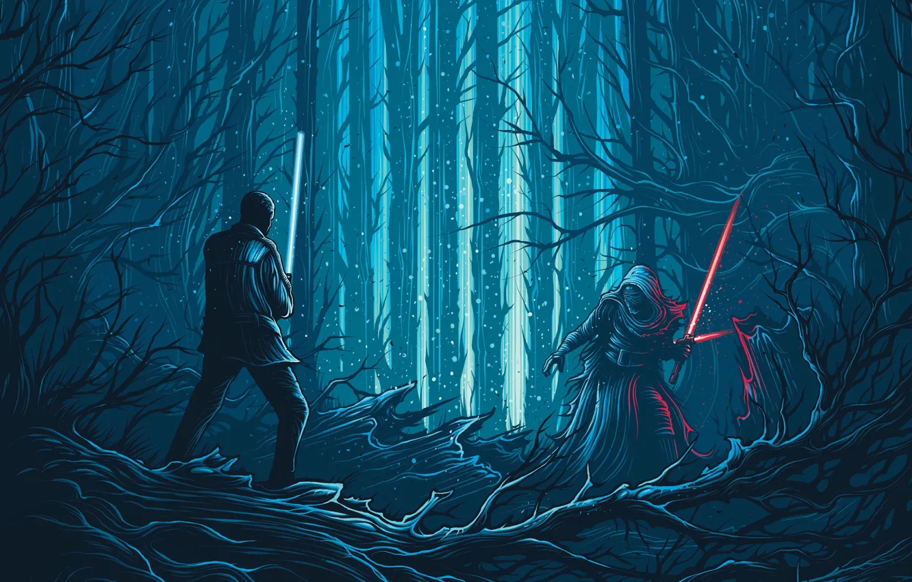 Фото обои лес, фантастика, вектор, арт, мечи, схватка, Finn, Star Wars: The Force Awakens