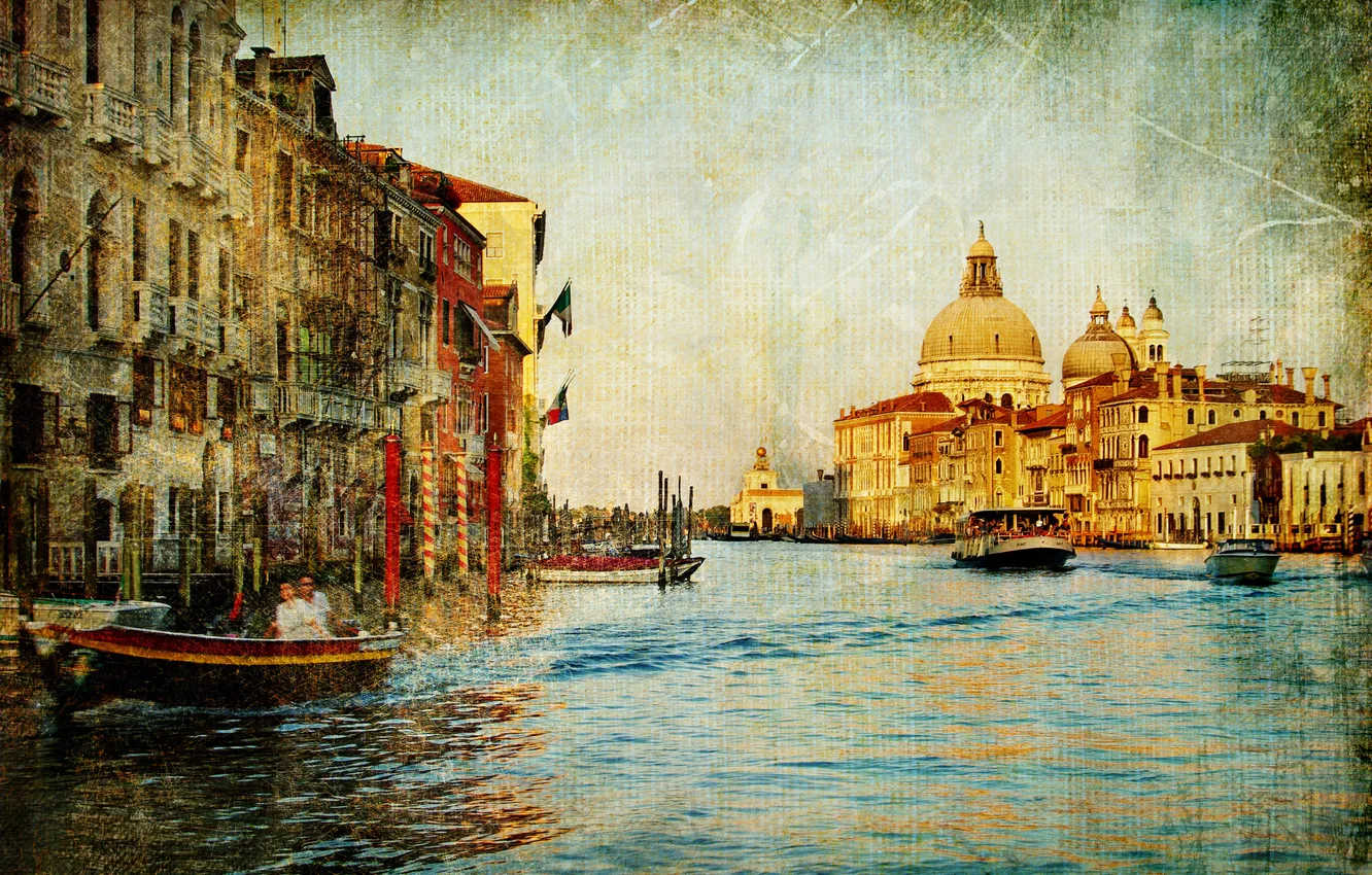 Фото обои дома, лодки, Венеция, канал, vintage, винтаж, старая фотография