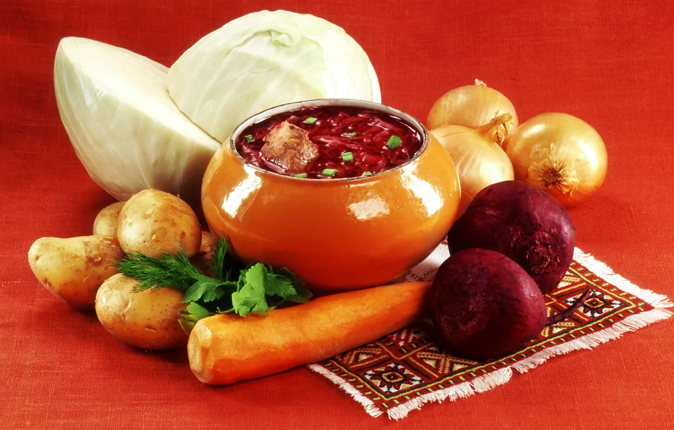 Фото обои лук, овощи, морковь, капуста, борщ, горшочек, картофель, свекла