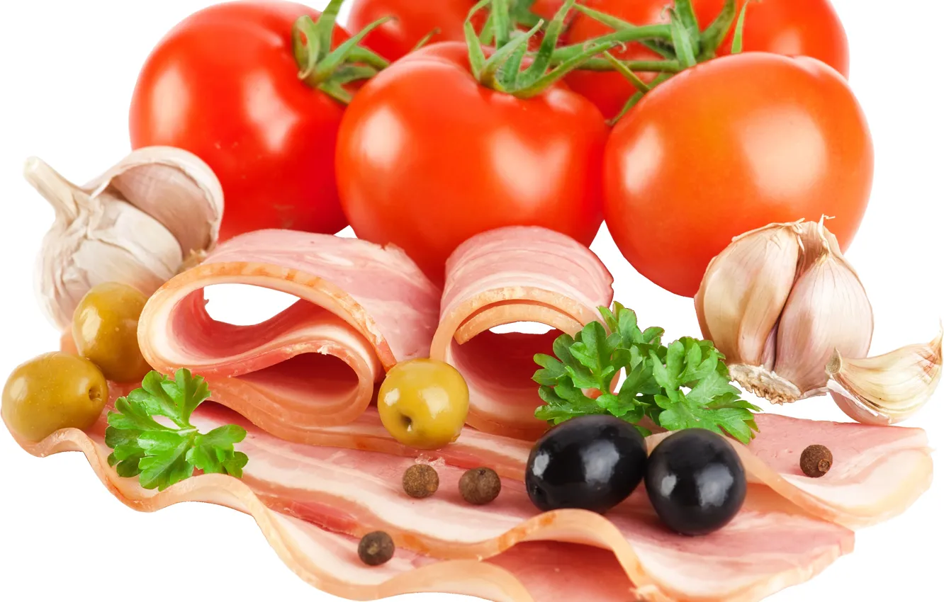 Фото обои food, tomato, olive, garlic, bacon