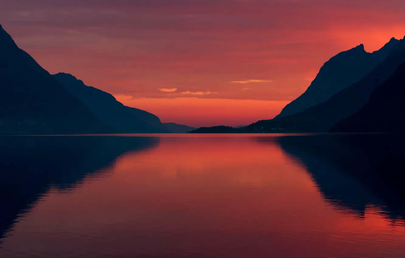 Фото обои море, небо, закат, горы, Норвегия, фьорд