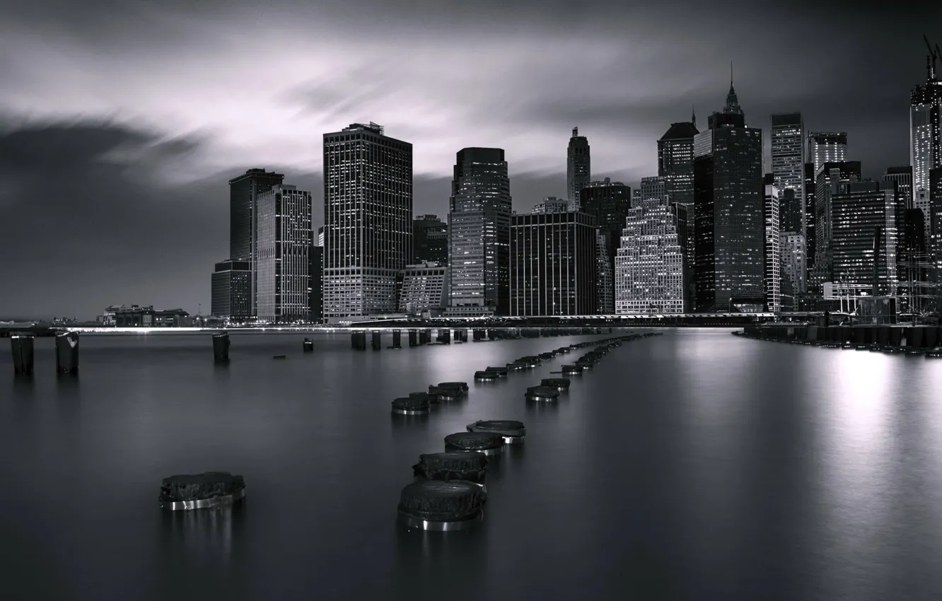 Фото обои ночь, мост, океан, Нью-Йорк, Бруклин, архитектура, док