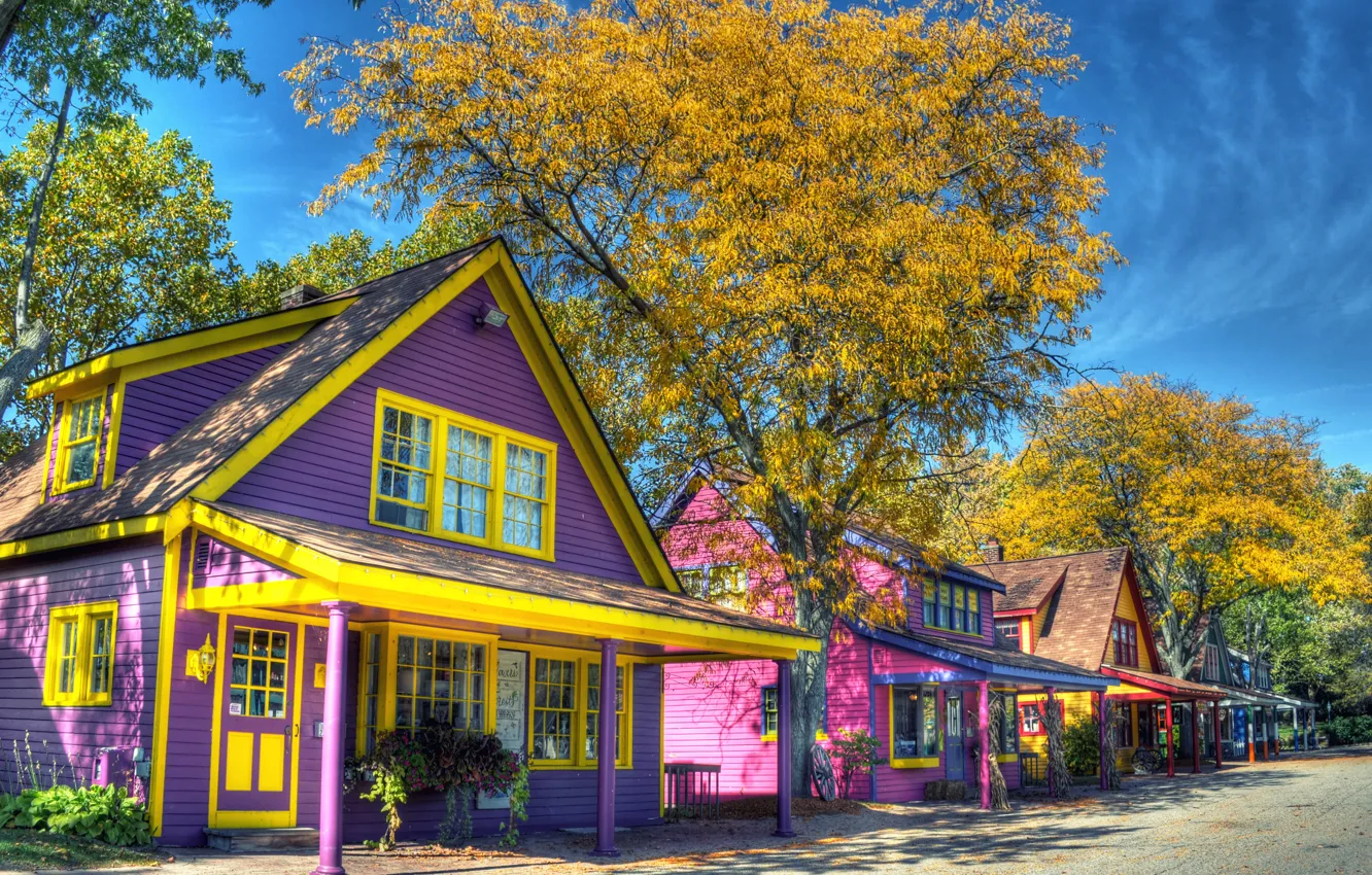 Фото обои осень, улица, HDR, дома, colorful, USA, autumn, street
