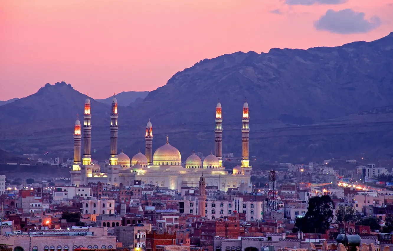 Фото обои горы, здания, панорама, Йемен, Yemen, Мечеть Аль-Салех, Сана, Sanaa