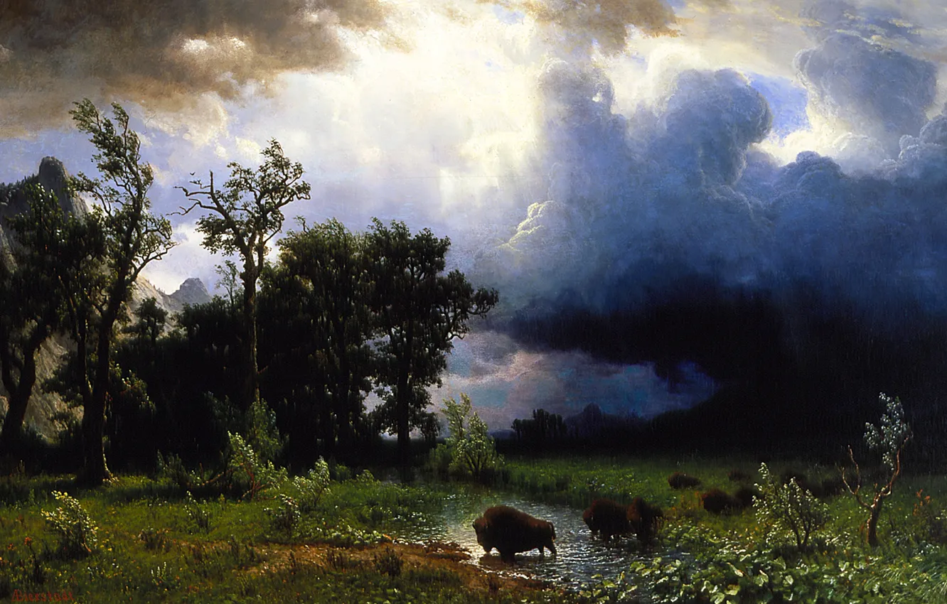 Фото обои гроза, пейзаж, буря, картина, Альберт Бирштадт, Тропа Бизонов